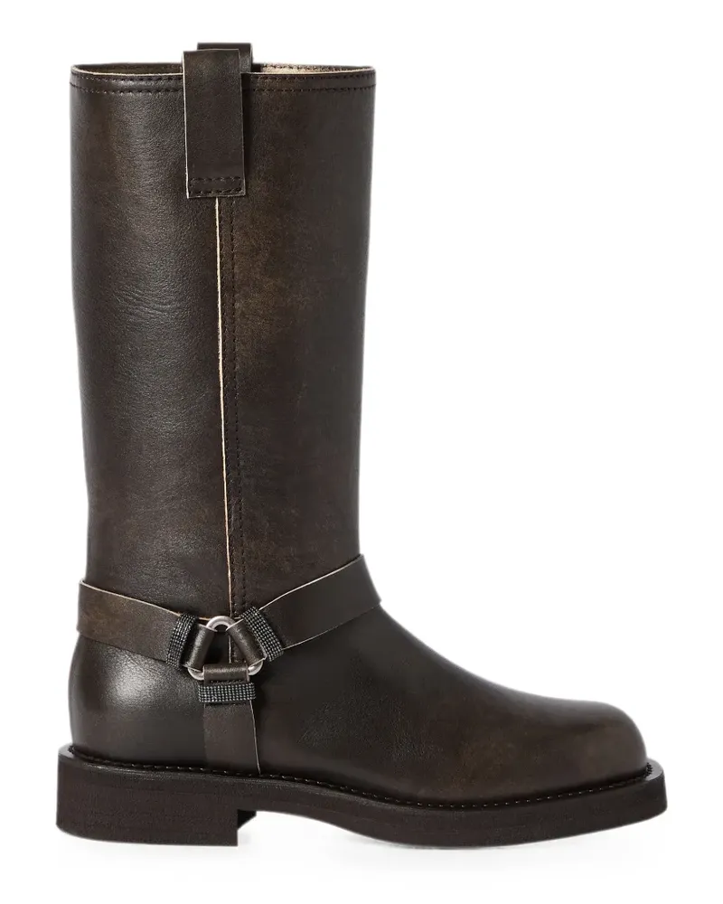 Brunello Cucinelli Bikerstiefel aus Leder mit glänzenden Schlaufen - Braun Braun