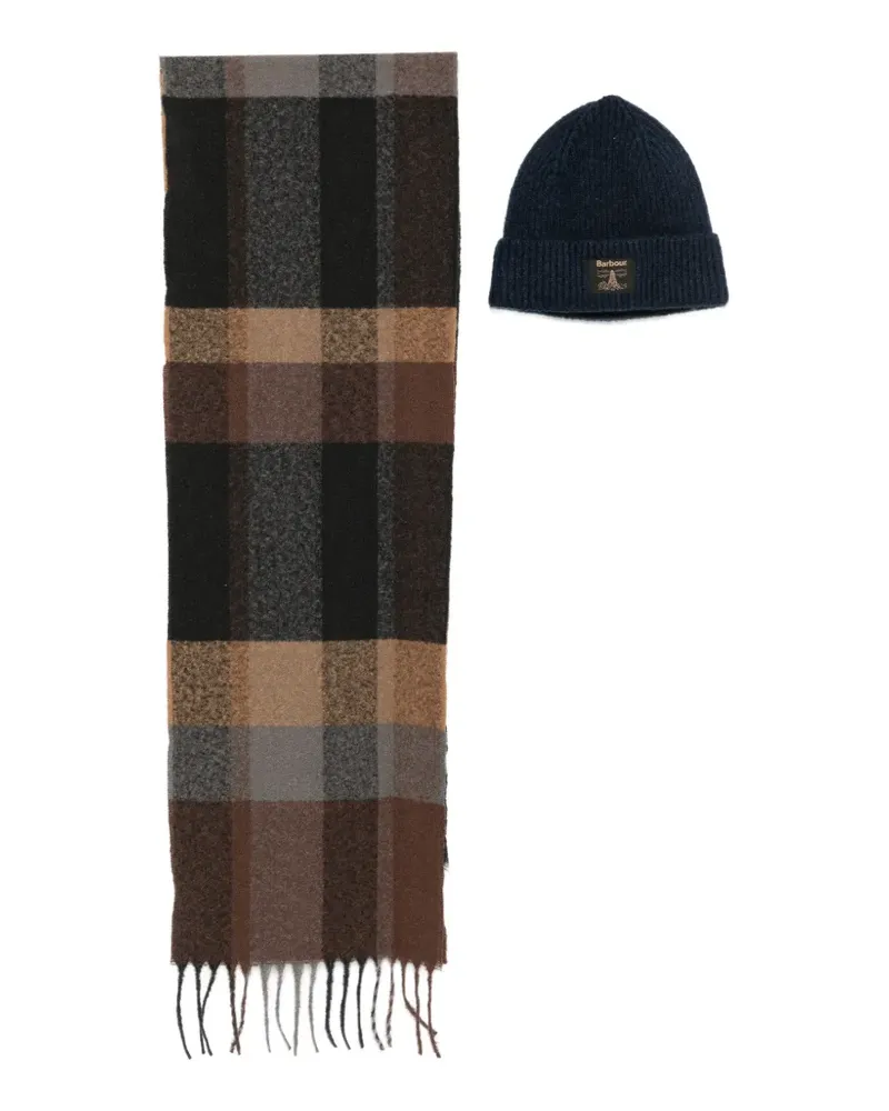 Barbour Kariertes Schal-Set mit Fransen - Blau Blau