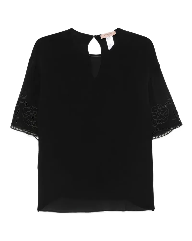 Twin-Set T-Shirt mit Blumenstickerei - Schwarz Schwarz