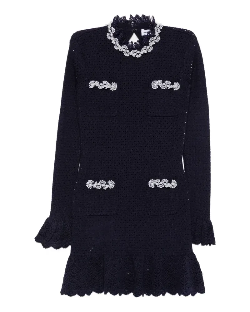 Self-Portrait embellished crochet-knit mini dress - Blau Blau