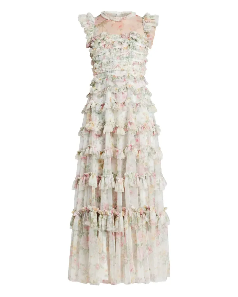 Needle & Thread Gestuftes Kleid mit Blumen-Print - Weiß Weiß
