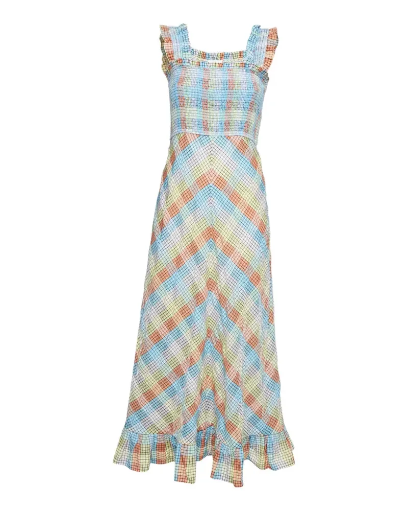 Ganni Kariertes Seersucker-Midikleid - Blau Blau
