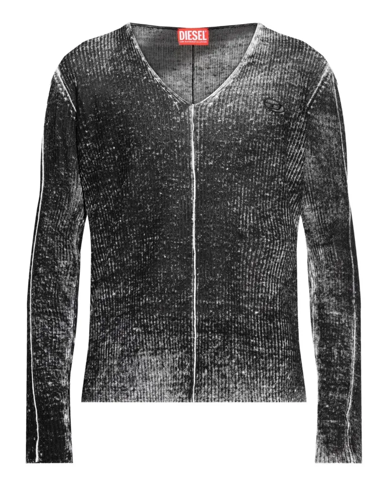 Diesel Gerippter Robbel Pullover mit V-Ausschnitt - Schwarz Schwarz