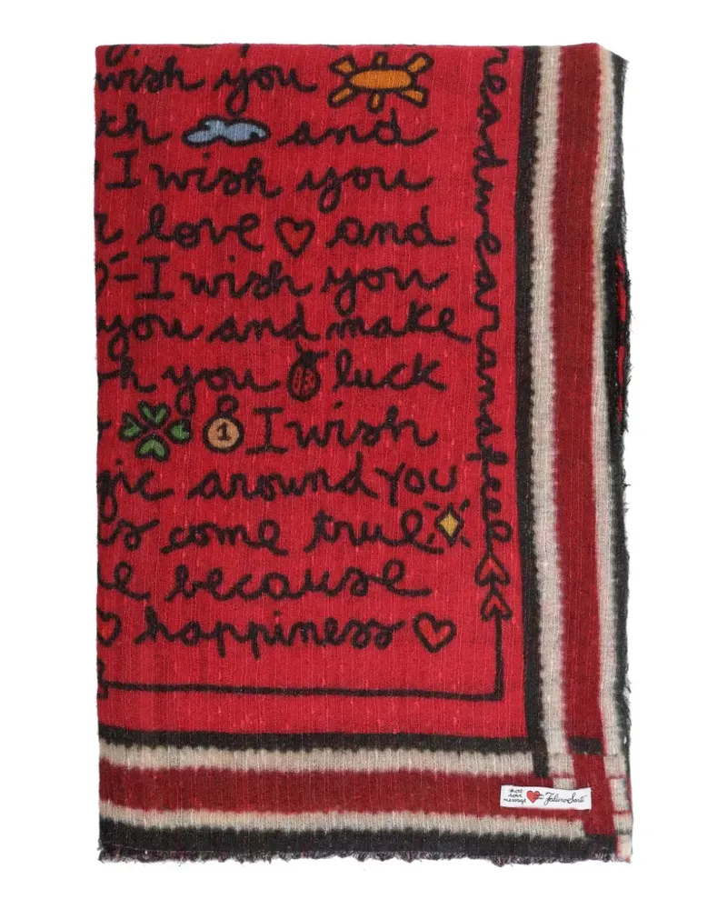 Faliero Sarti Friends Schal mit Slogan-Print und ausgefransten Kanten - Rot Rot