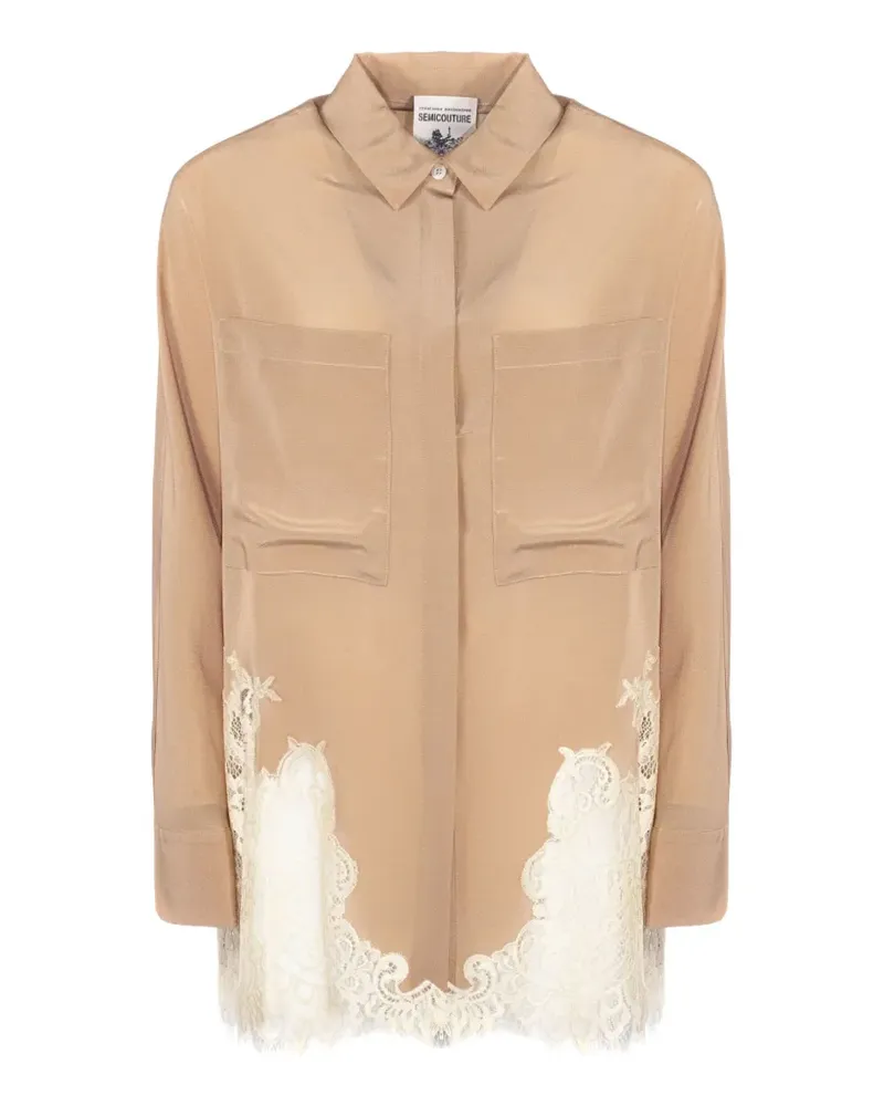 Semicouture patch-pocket lace-panel shirt - Nude Nude