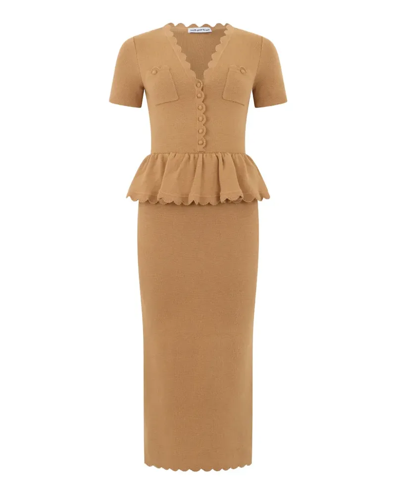 Self-Portrait scalloped peplum midi dress - Nude Nude