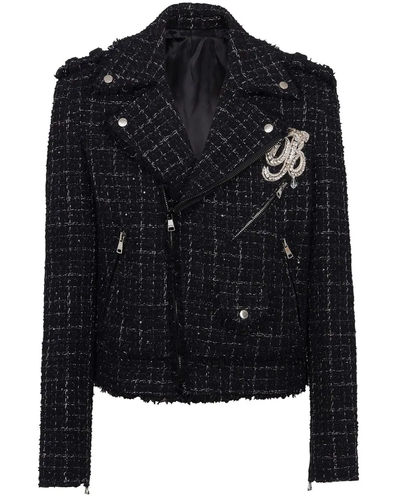 Balmain Karierte Tweed-Bikerjacke Schwarz