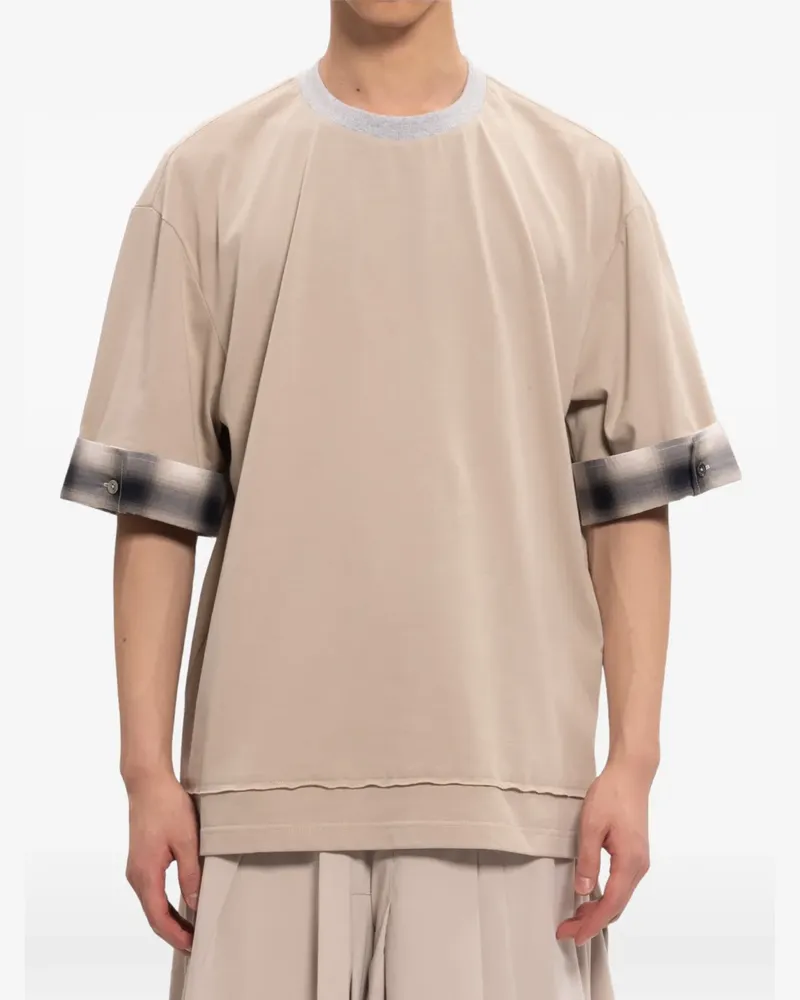 Feng Chen Wang checked-cuff layered-hem T-shirt - Nude Nude