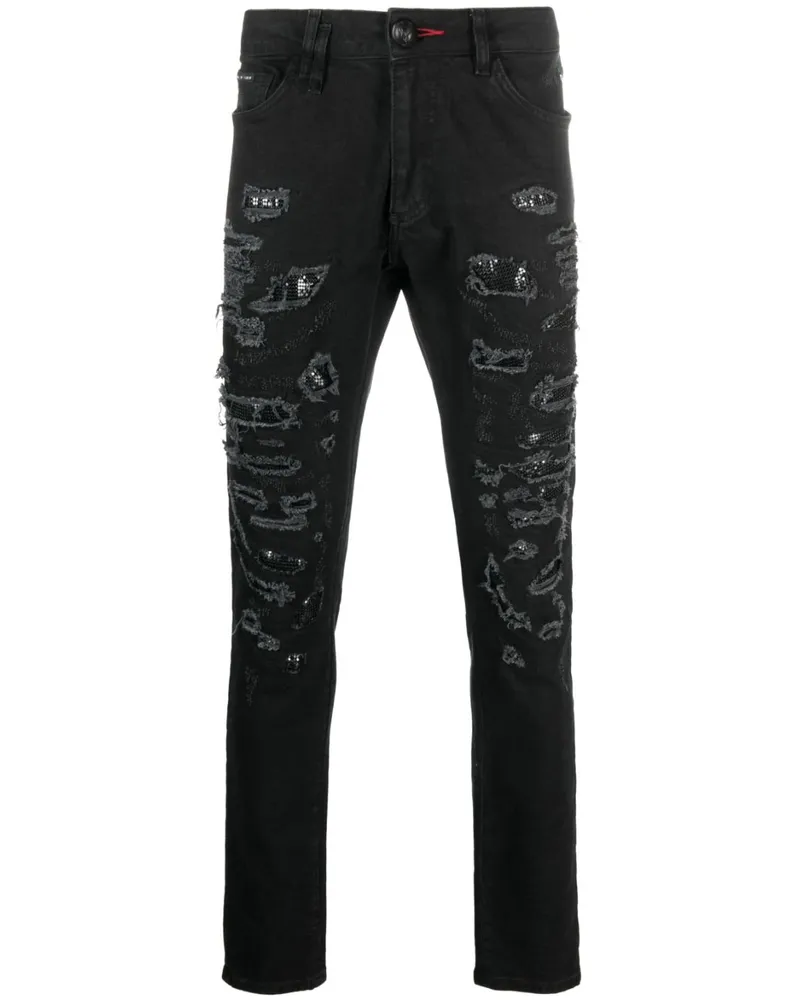 Philipp Plein Slim-Fit-Jeans im Distressed-Look - Schwarz Schwarz