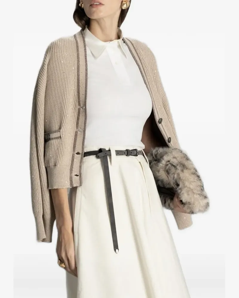 Brunello Cucinelli sequin-embellished ribbed cardigan - Nude Nude