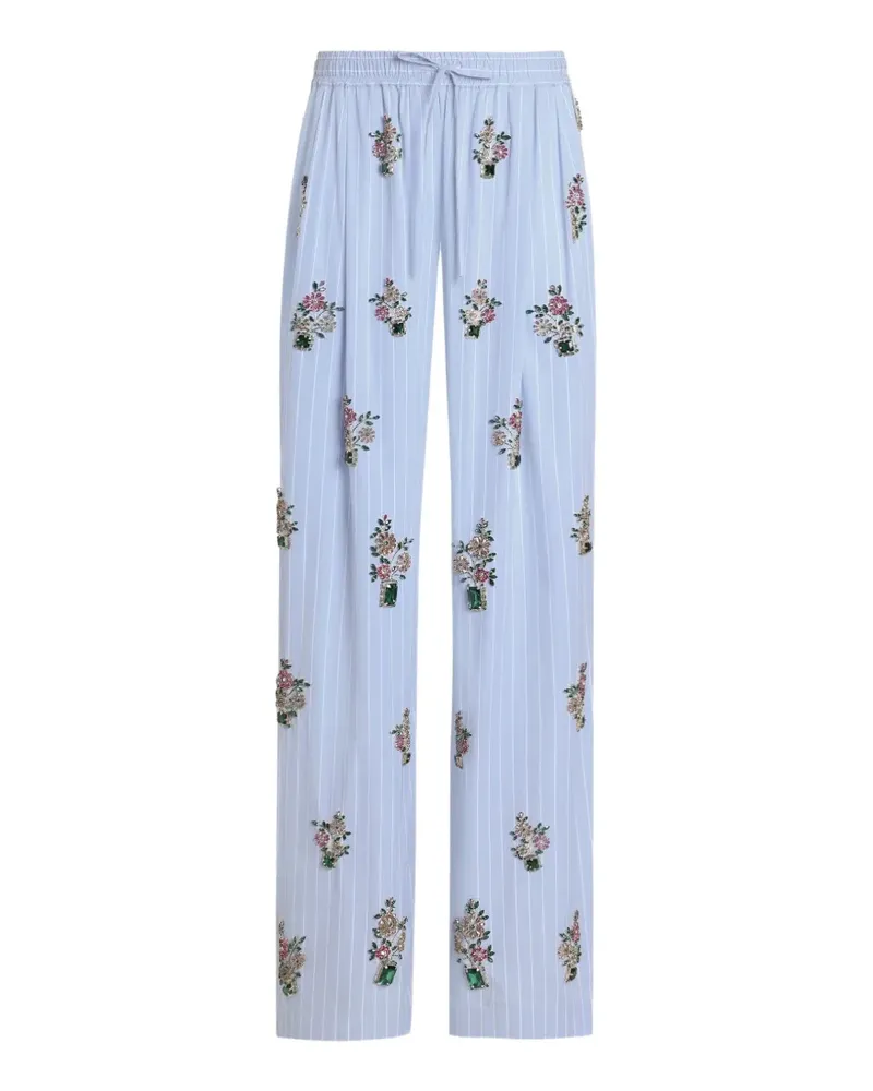 Dolce & Gabbana Gestreifte Popeline-Hose mit Kristallblumen-Stickerei - Blau Blau