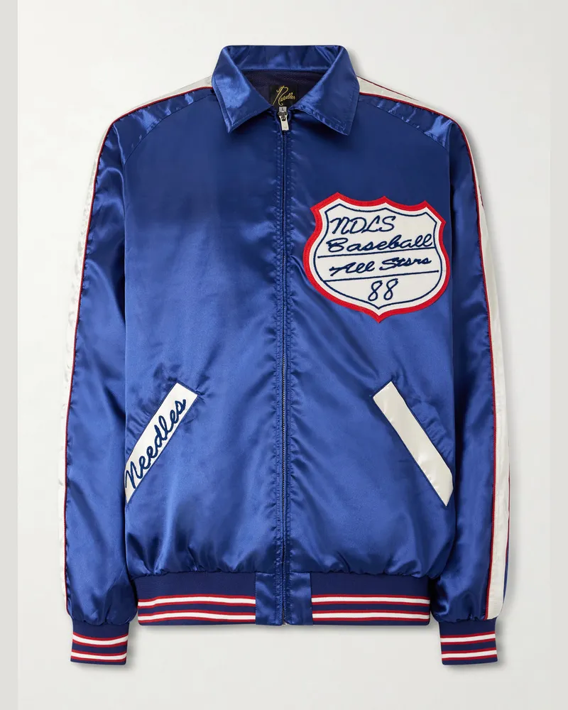 NEEDLES Stadium Logo-Embroidered Appliquéd Satin Bomber Jacket Blue