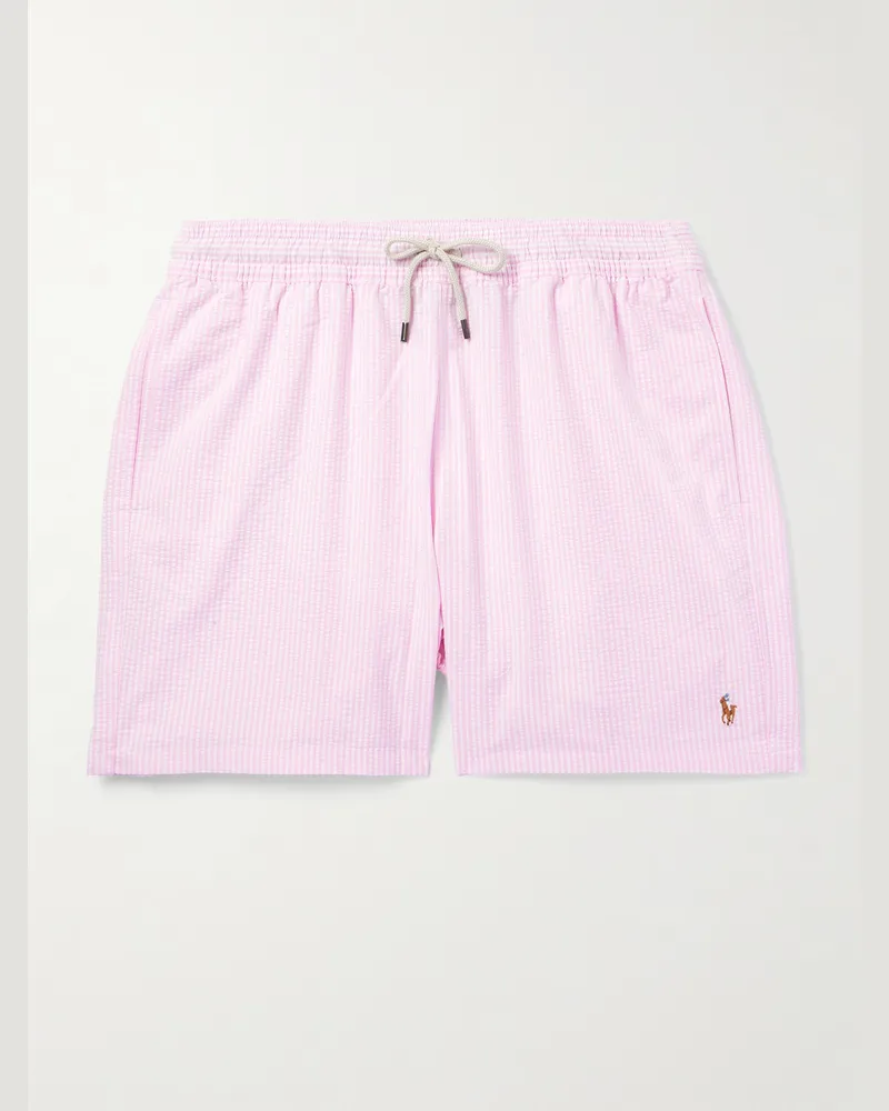Ralph Lauren Traveler gerade geschnittene mittellange Badeshorts aus gestreiftem Seersucker aus einer Baumwollmischung Pink