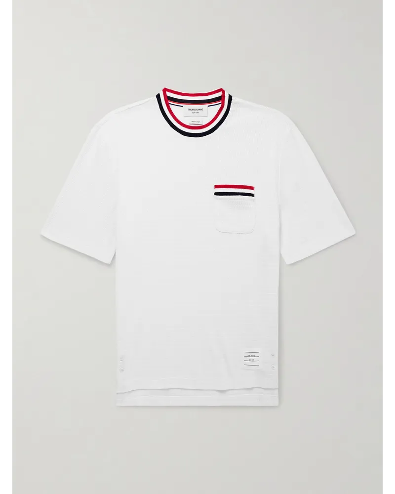 Thom Browne T-Shirt aus Baumwolle in Pointelle-Strick mit Logoapplikation und Streifen Weiß