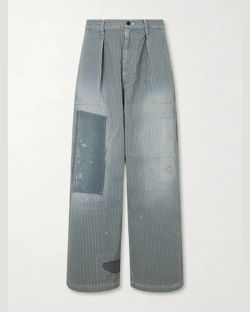 KAPITAL Liberty Hicoree Fatigue Wide-Leg Striped Distressed Patchwork Cotton-Twill Trousers Blue