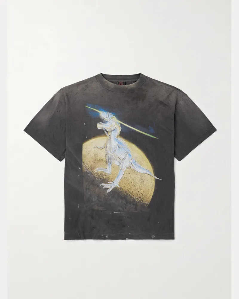 SAINT MXXXXXX Sorayama T-Rex Printed Distressed Cotton-Jersey T-Shirt Black