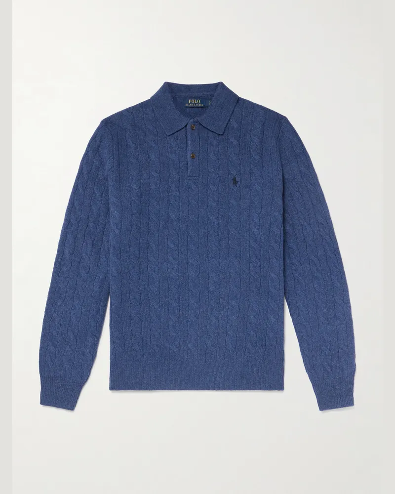 Ralph Lauren Pullover aus einer Woll-Kaschmirmischung in Zopfstrick mit Logostickerei und Polokragen Blau
