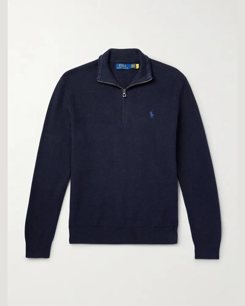 Ralph Lauren Logo-Embroidered Honeycomb-Knit Cotton Half-Zip Sweater Blue