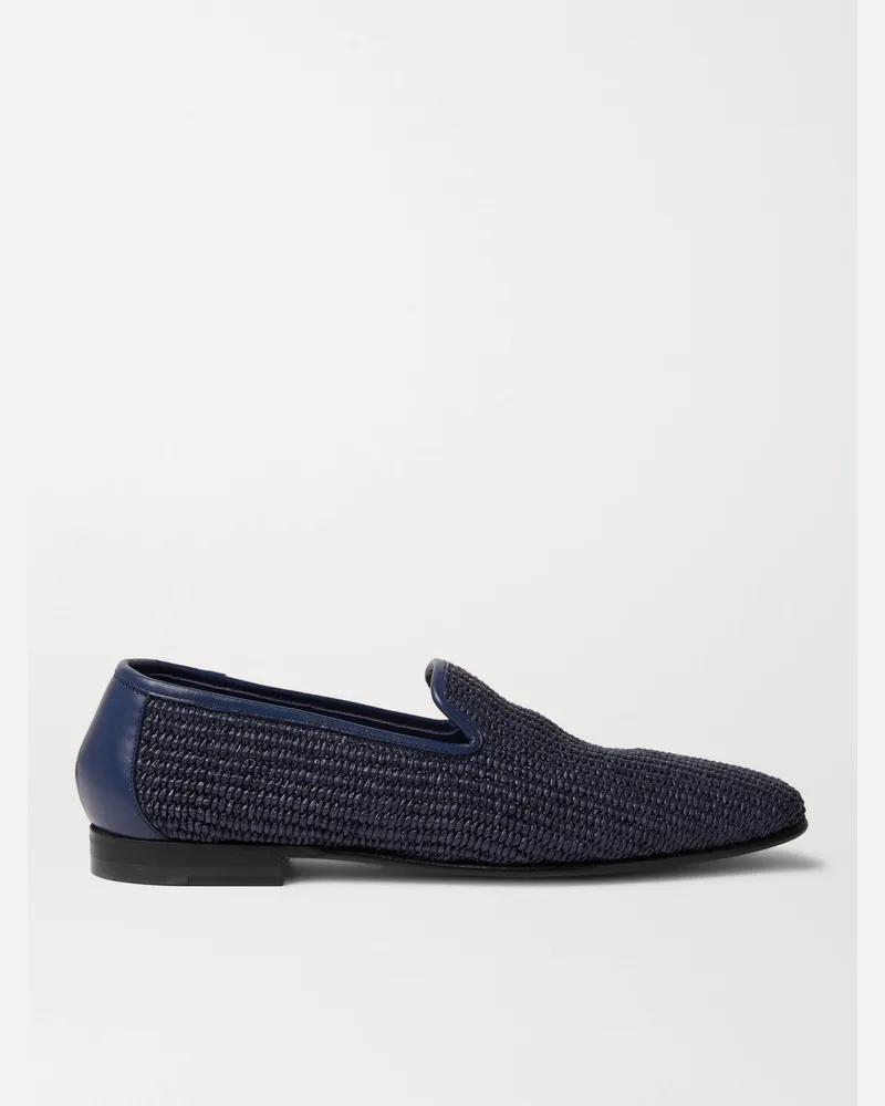 Manolo Blahnik Mario Leather-Trimmed Raffia Loafers Blue
