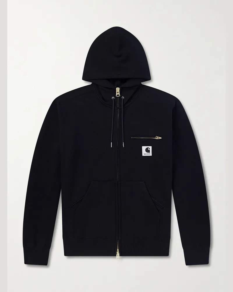 Sacai Carhartt WIP Logo-Appliquéd Cotton-Jersey Zip-Up Hoodie Black
