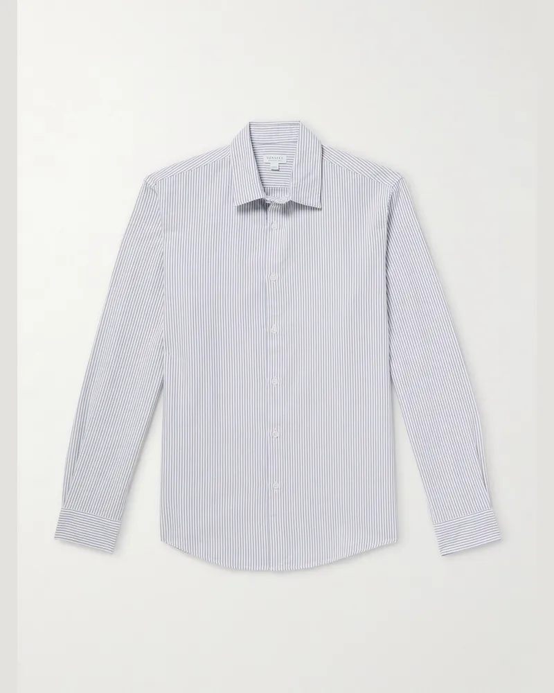 Sunspel Hemd aus gestreiftem Baumwoll-Oxford Blau