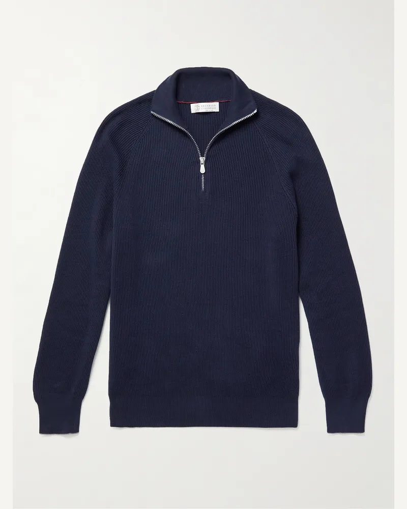 Brunello Cucinelli Ribbed Cotton Half-Zip Sweater Blue