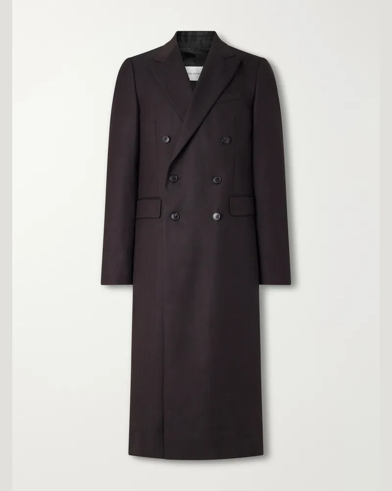 Dries van Noten Double-Breasted Herringbone Wool Coat Brown