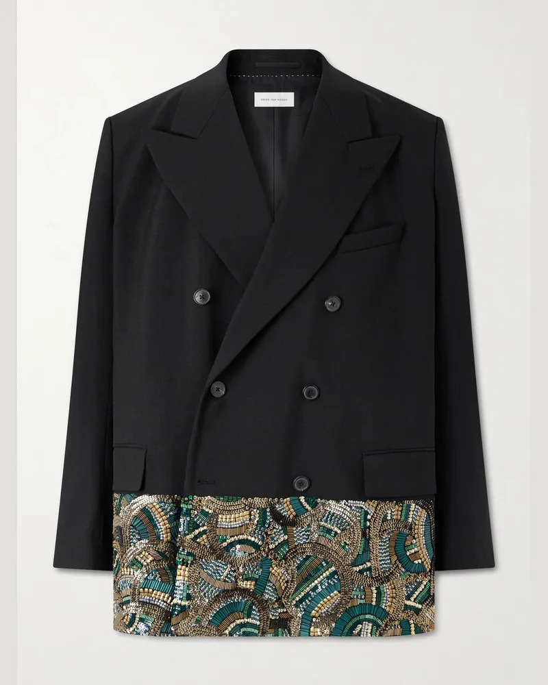Dries van Noten Double-Breasted Embellished Wool Blazer Black