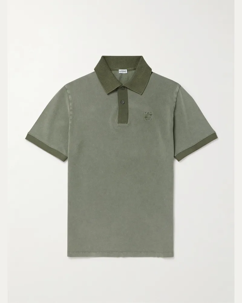 Loewe Schmal geschnittenes Polohemd aus Baumwoll-Piqué mit Logostickerei in Distressed-Optik Grün