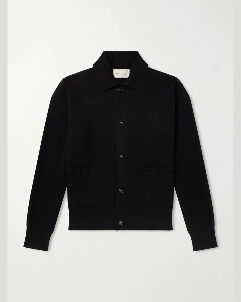 AMI Paris Logo-Appliquéd Merino Wool Cardigan Black