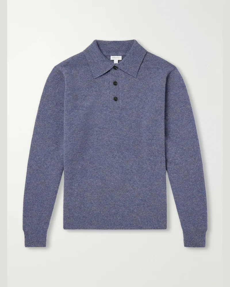 Sunspel Wool Polo Shirt Blue