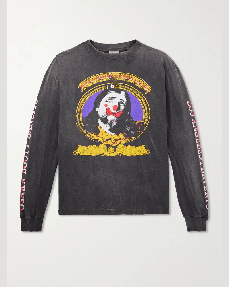 SAINT MXXXXXX Born X Raised Clown Distressed Printed Cotton-Jersey T-Shirt Gray