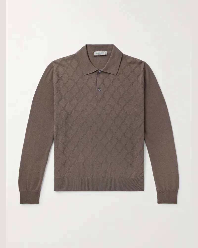 Canali Pullover aus Jacquard-Strick aus Wolle mit Polokragen Braun