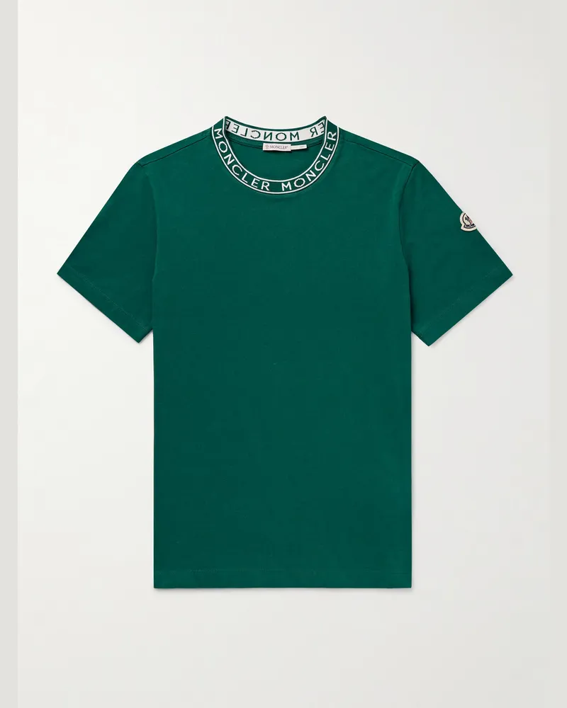 Moncler Schmal geschnittenes T-Shirt aus Baumwoll-Jersey mit Logoapplikation Grün