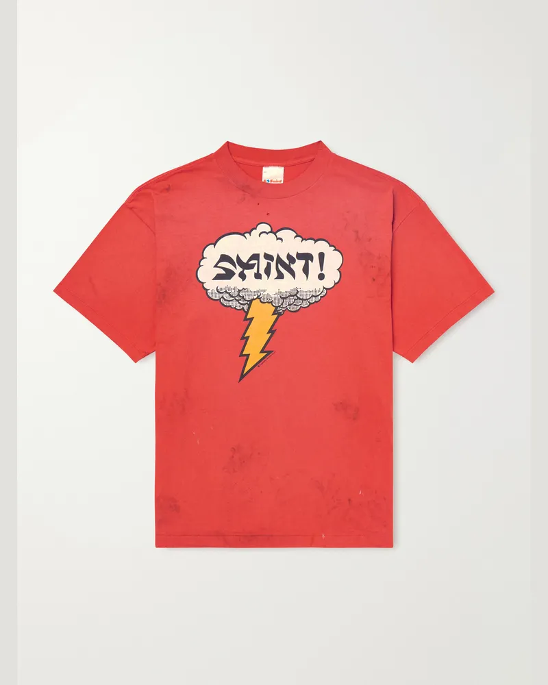 SAINT MXXXXXX Distressed Logo-Print Cotton-Jersey T-Shirt Red