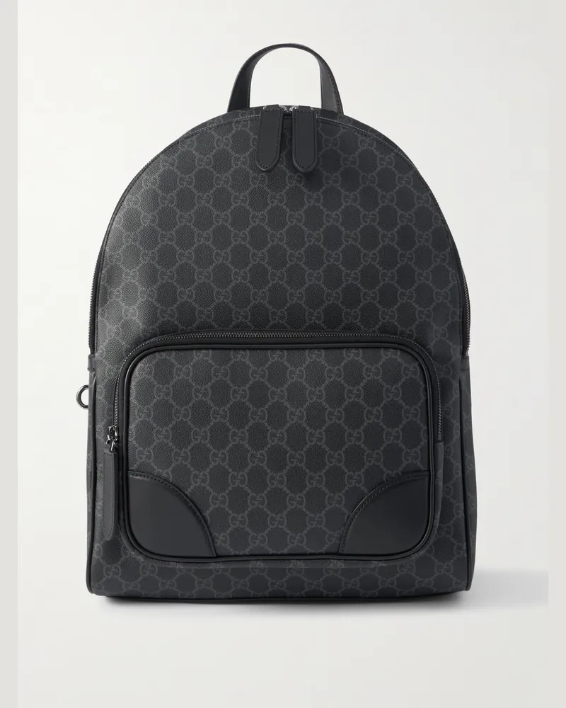 Gucci GG Leather-Trimmed Monogrammed Coated-Canvas Backpack Black