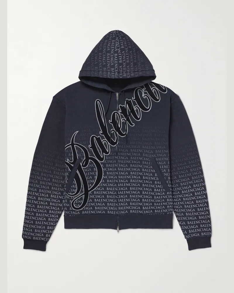 Balenciaga Oversized-Kapuzenjacke aus Baumwoll-Jersey mit Reißverschluss, Print und Logoapplikation Schwarz