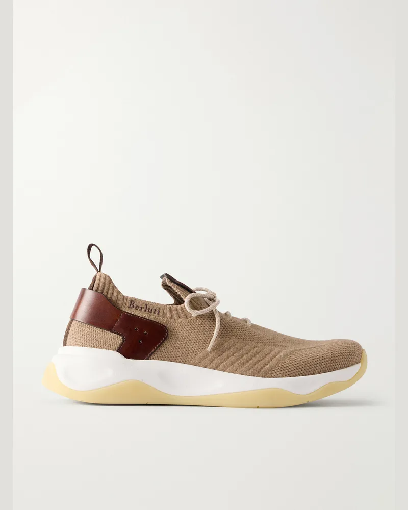 Berluti Shadow Leather-Trimmed Stretch-Cashmere Sneakers Neutrals