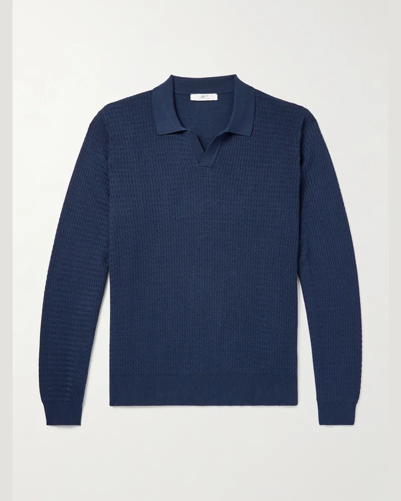 MR P. Pullover aus einer strukturierten Baumwoll-Seidenmischung mit Polokragen Blau
