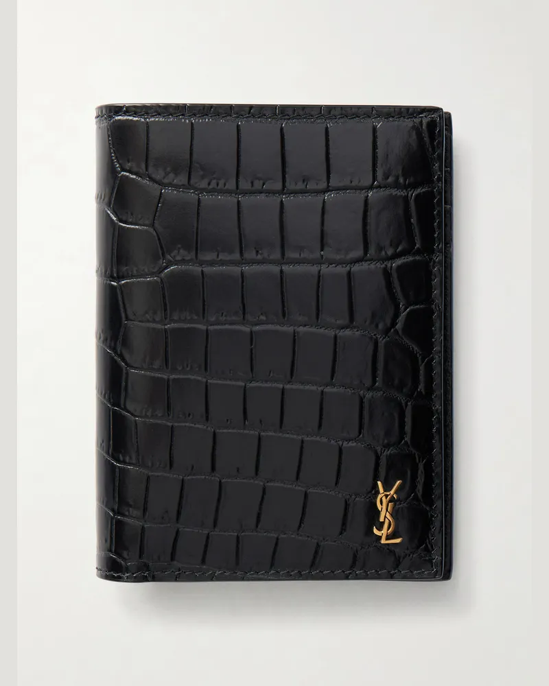 Saint Laurent Tiny Cassandre Logo-Appliquéd Croc-Effect Leather Bifold Wallet Black