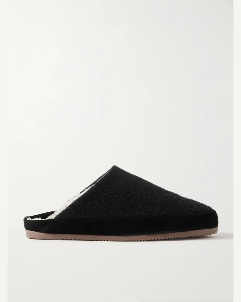 MULO Slippers aus Wolle mit Besatz aus Veloursleder und Futter aus Shearling Schwarz