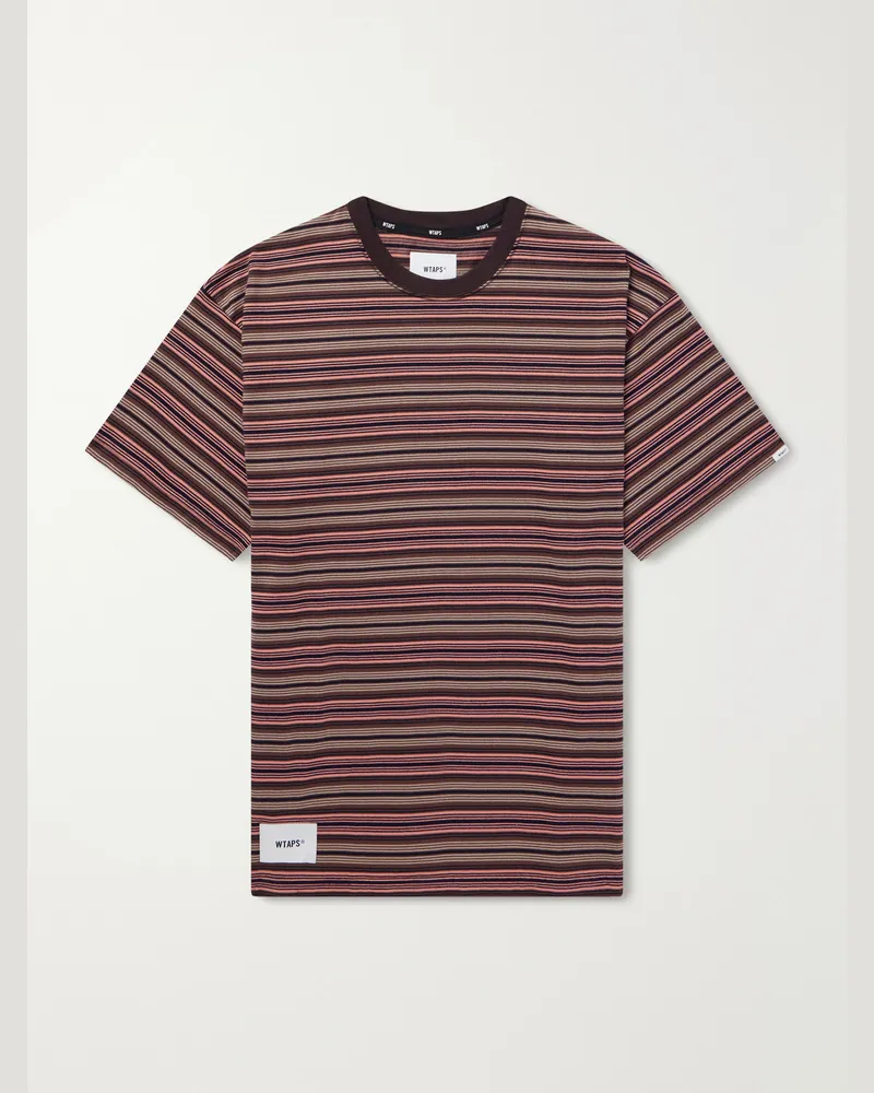 WTAPS Logo-Appliquéd Striped Cotton-Jersey T-Shirt Brown
