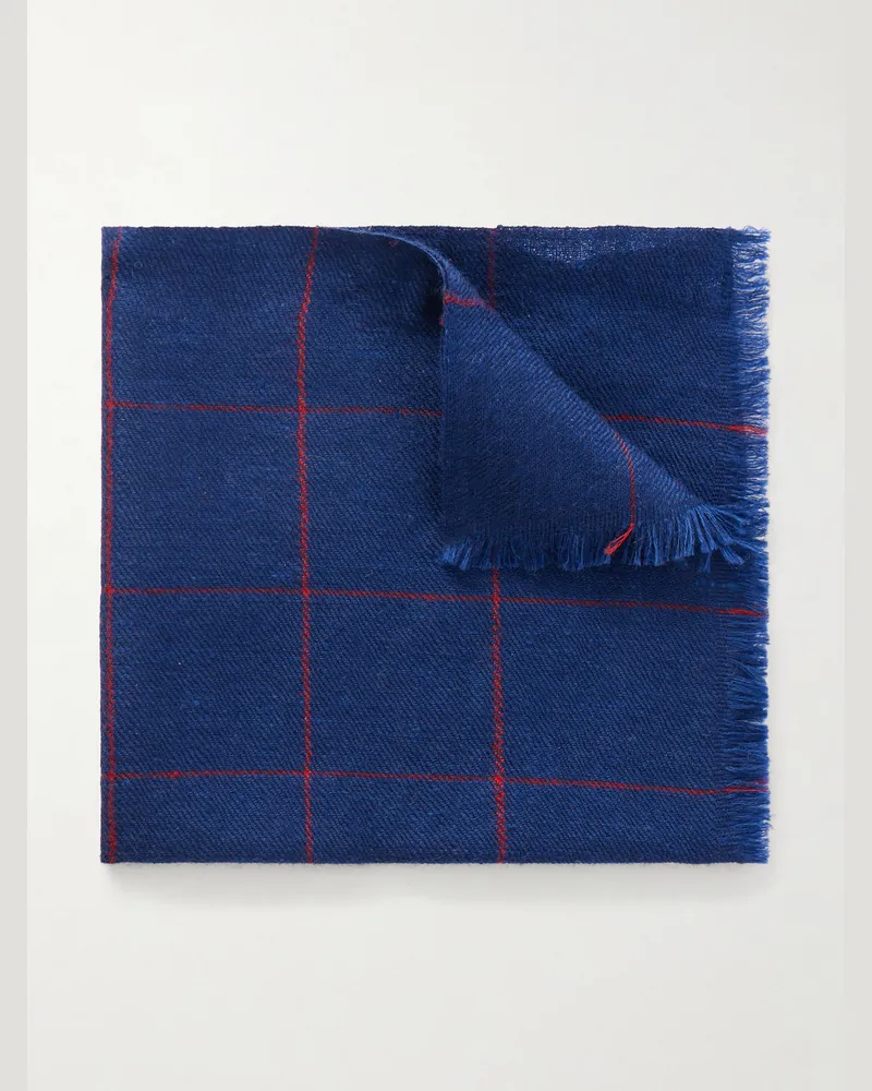 Anderson & Sheppard Frayed Checked Cashmere-Twill Pocket Square Blue