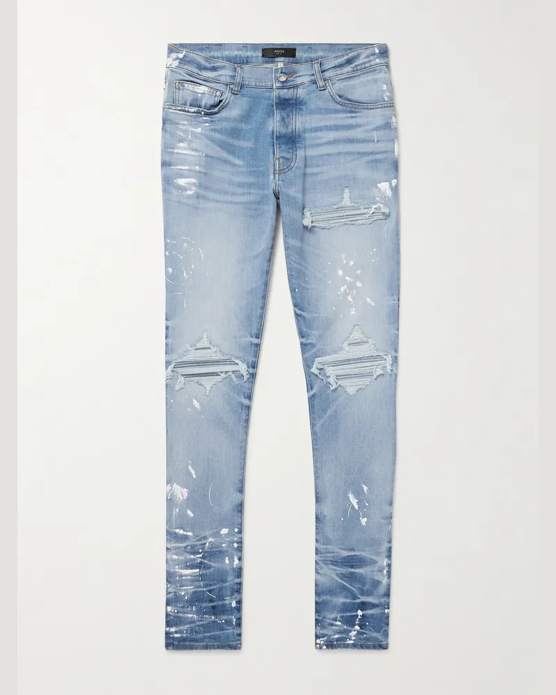 Amiri MX1 schmal und gerade geschnittene Jeans mit Farbspritzern in Distressed-Optik Blau