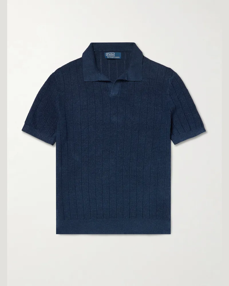 Ralph Lauren Open-Collar Ribbed Linen Polo Shirt Blue