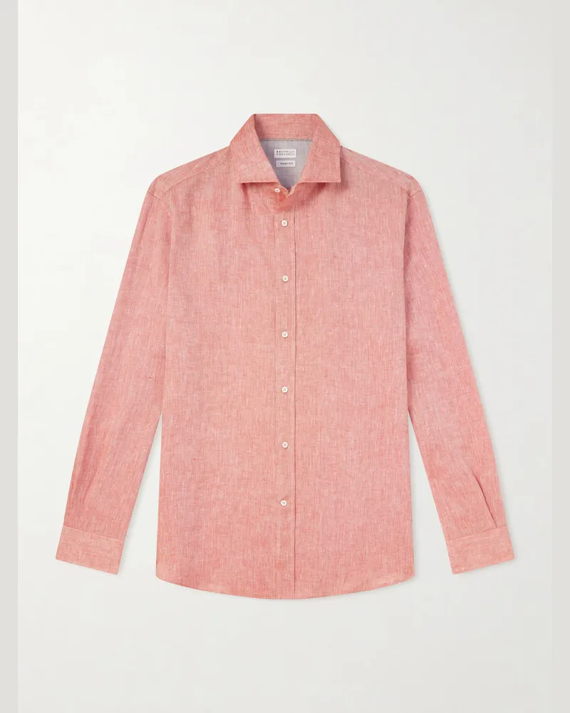 Brunello Cucinelli Cutaway-Collar Linen Shirt Orange