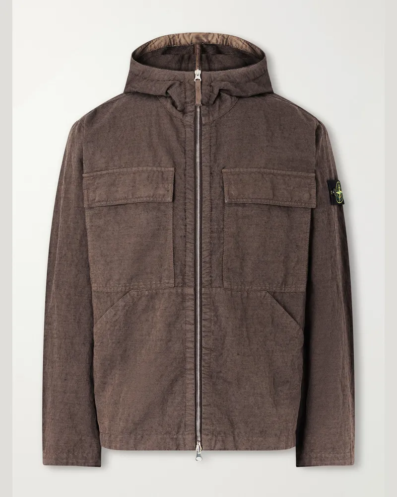 Stone Island Hooded Garment-Dyed Diagonal Cotton Wool-TC Jacket Brown