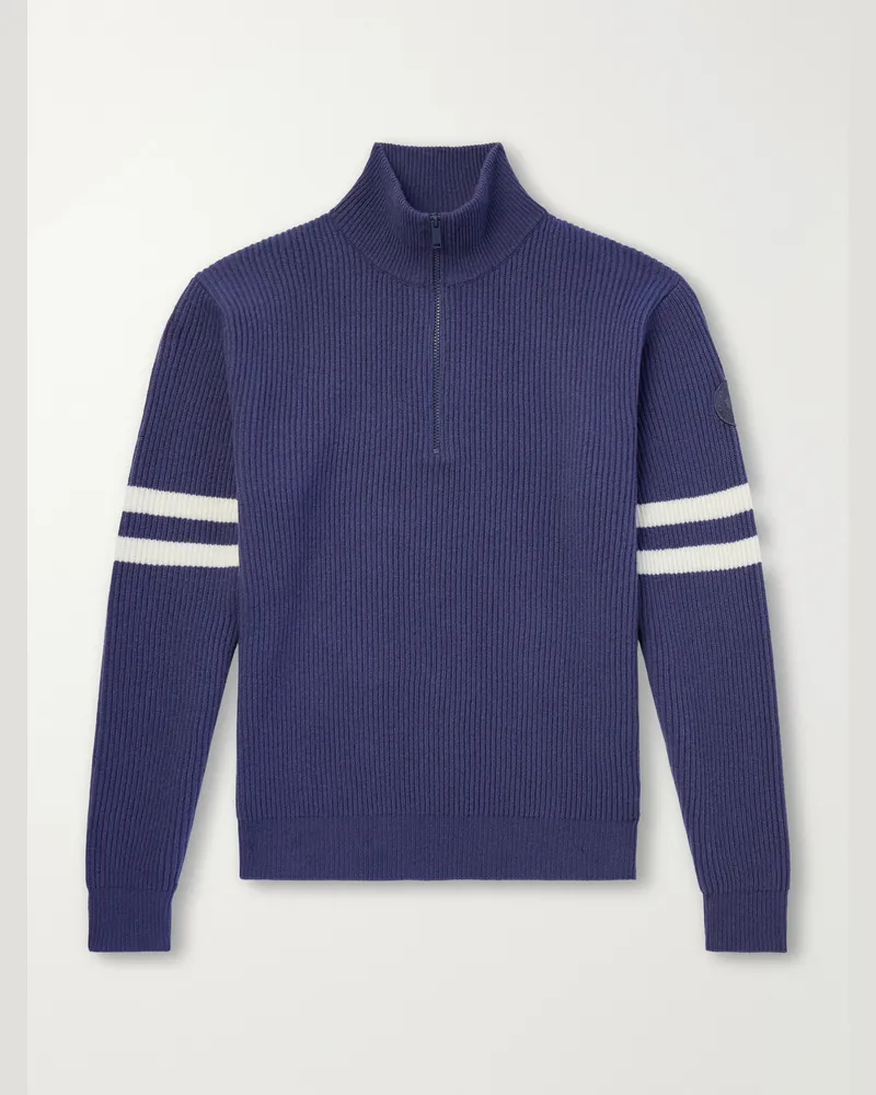 Canada Goose McKinney Logo-Appliquéd Striped Ribbed Wool Half-Zip Sweater Blue