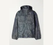 Logo-Embroidered Distressed Printed Denim Hooded Jacket