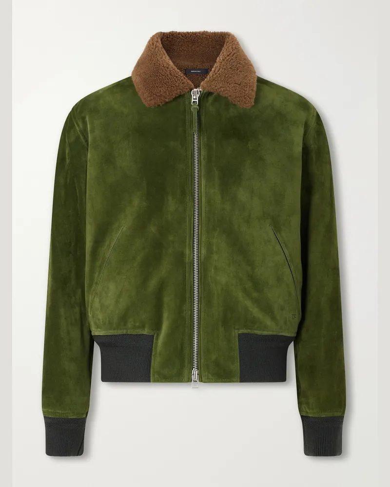 Tom Ford Shearling-Trimmed Suede Bomber Jacket Green